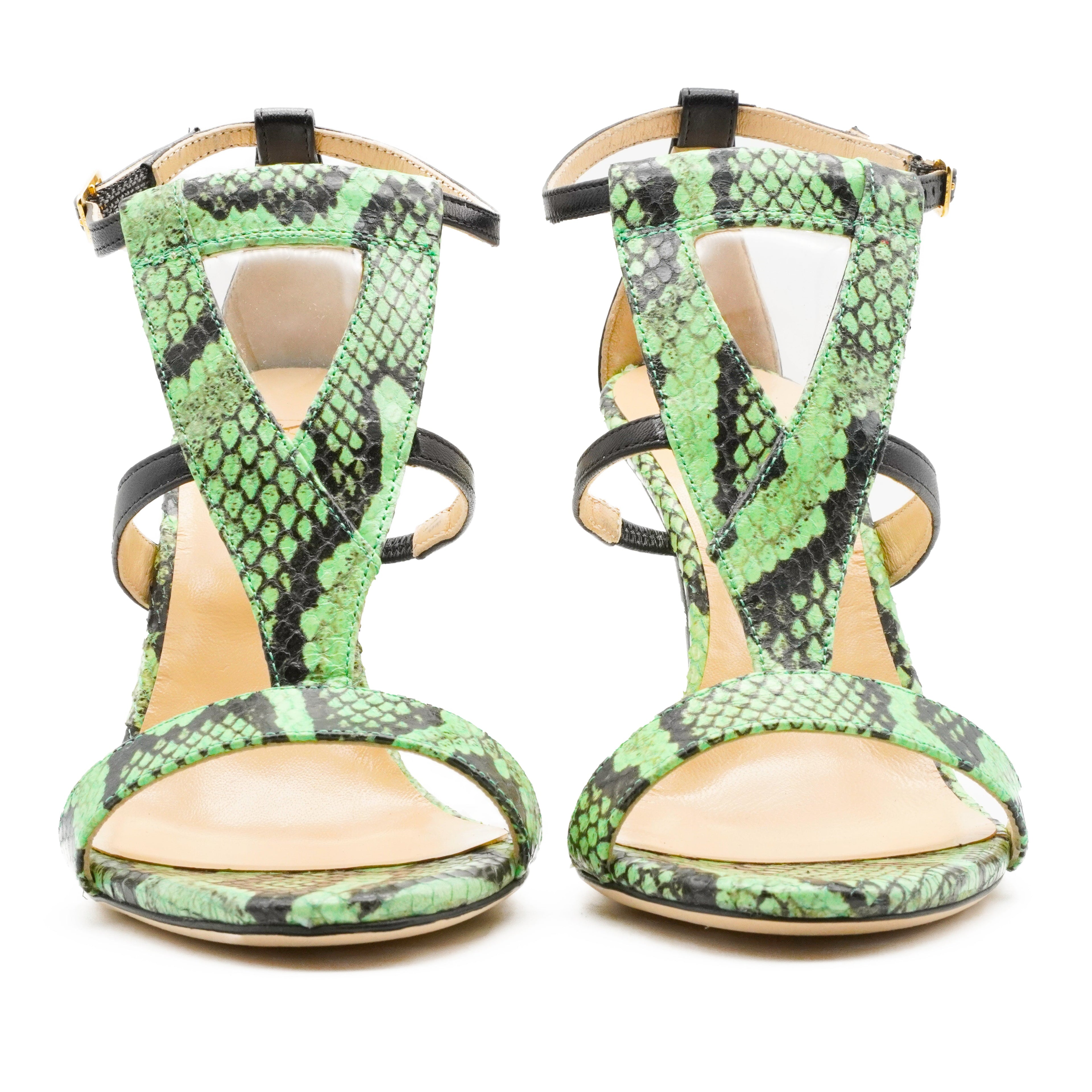 Luxury womens shoes pair of green snake print high-heeled sandals 