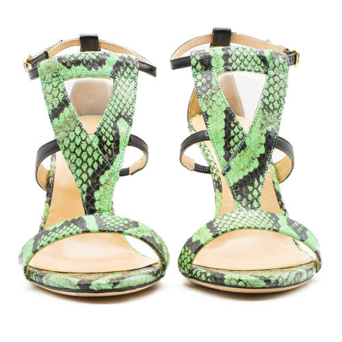 Luxury womens shoes pair of green snake print high-heeled sandals 