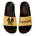 Black slides with beige bands featuring Gemini zodiac sign 